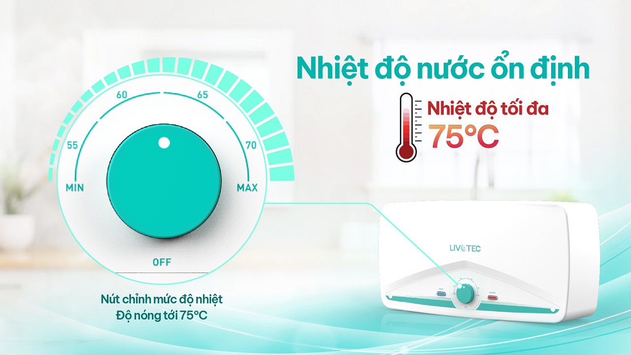 Livotec LWH-ID20 có nhiệt độ nóng lên tới tối đa 75 độ C