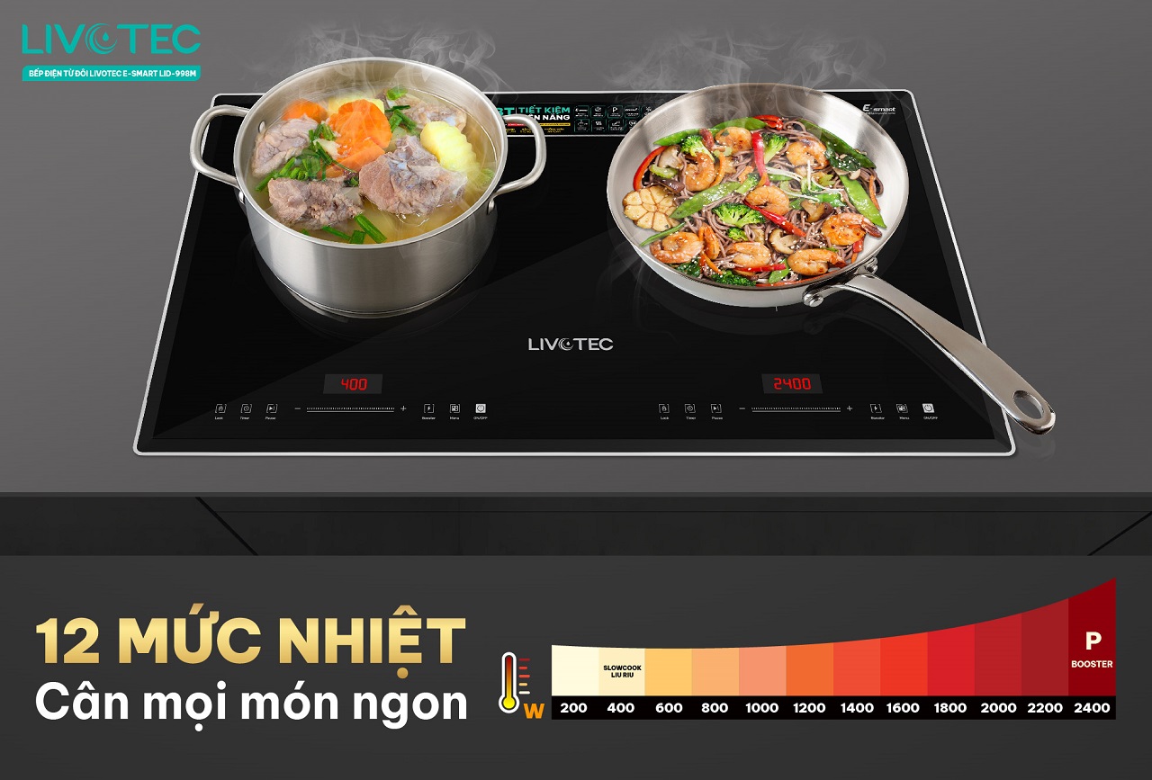 Bếp từ đôi Livotec E-Smart LID-998M điều chỉnh 12 mức nhiệt