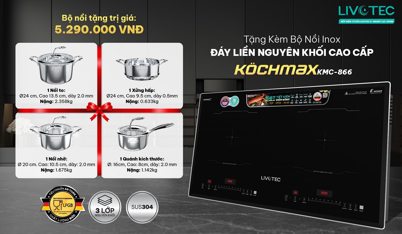 Quà tặng bộ nồi inox Köchmax KMC-866 khi mua bếp từ Livotec E-SMART