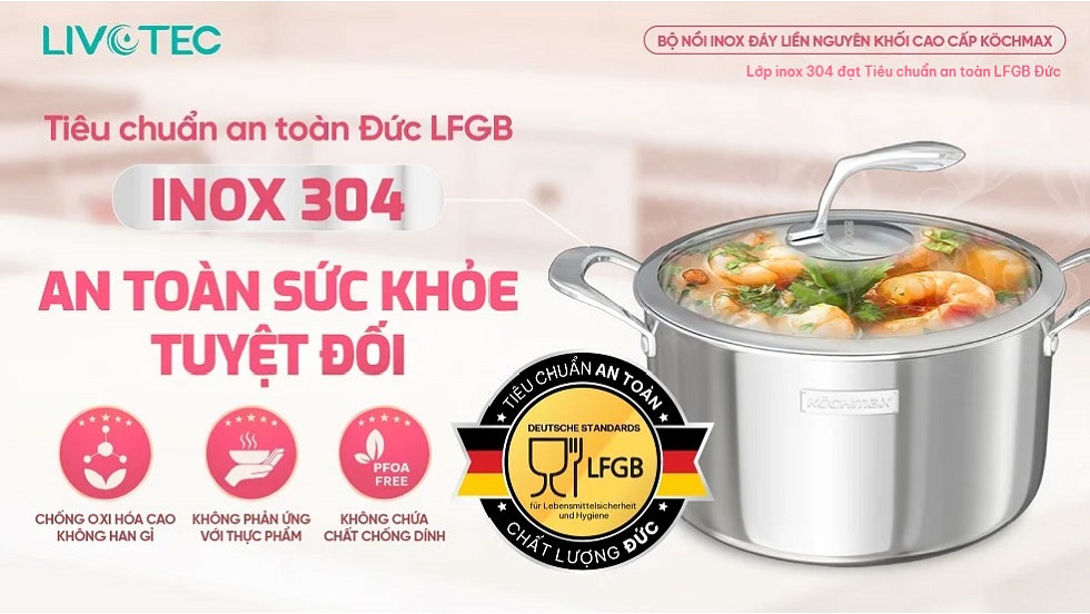 Bộ nồi inox cao cấp Kochmax KMC-886 đạt tiêu chuẩn an toàn Đức