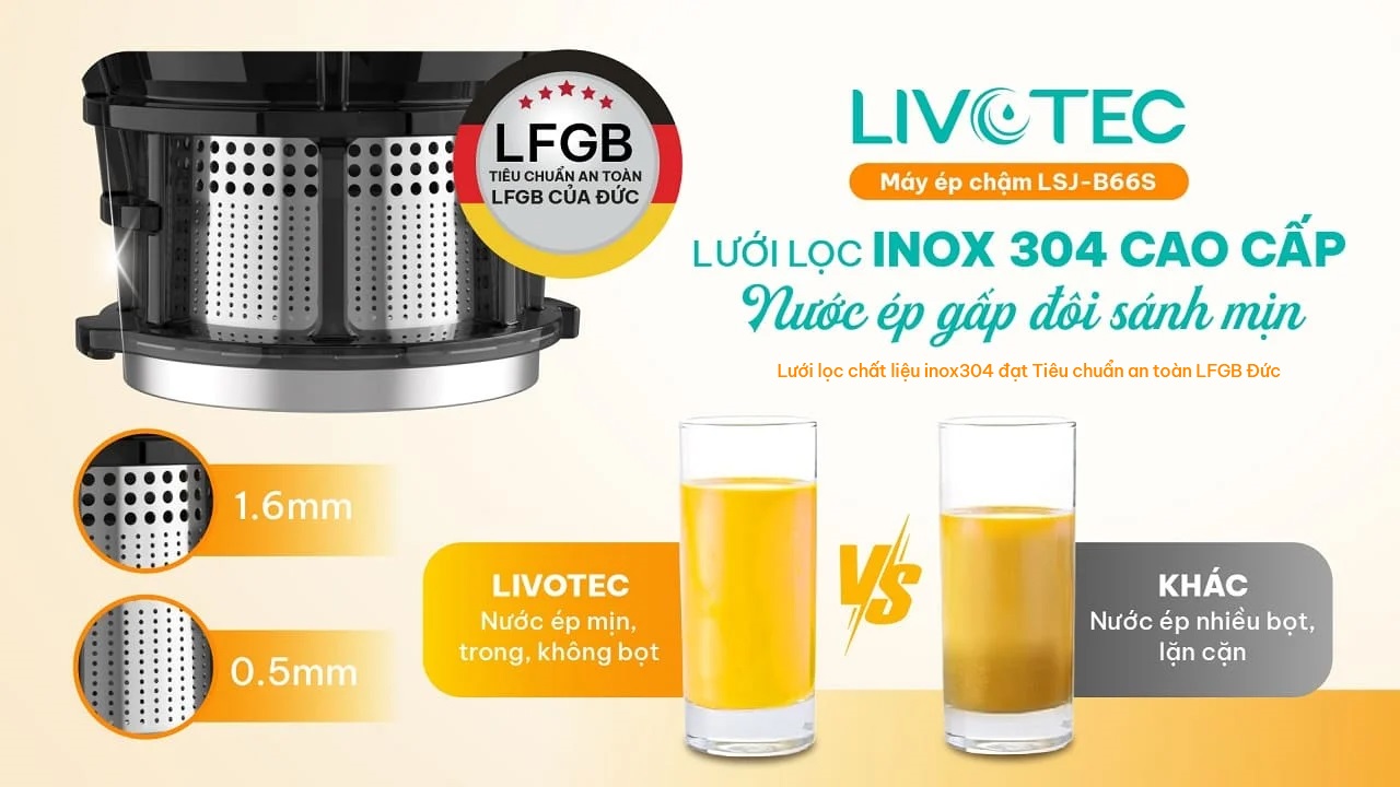 Máy ép chậm Livotec LSJ-B66s lưới lọc inox 304