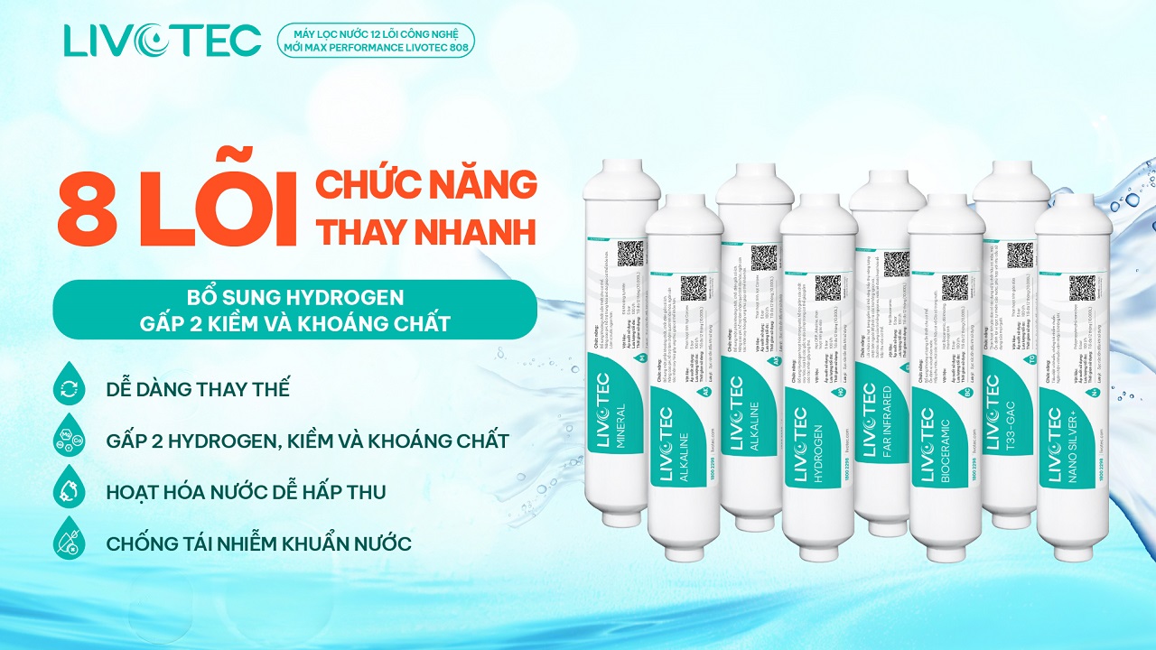 Máy lọc nước RO Livotec 808 có 8 lõi chức năng bổ sung Hydrogen