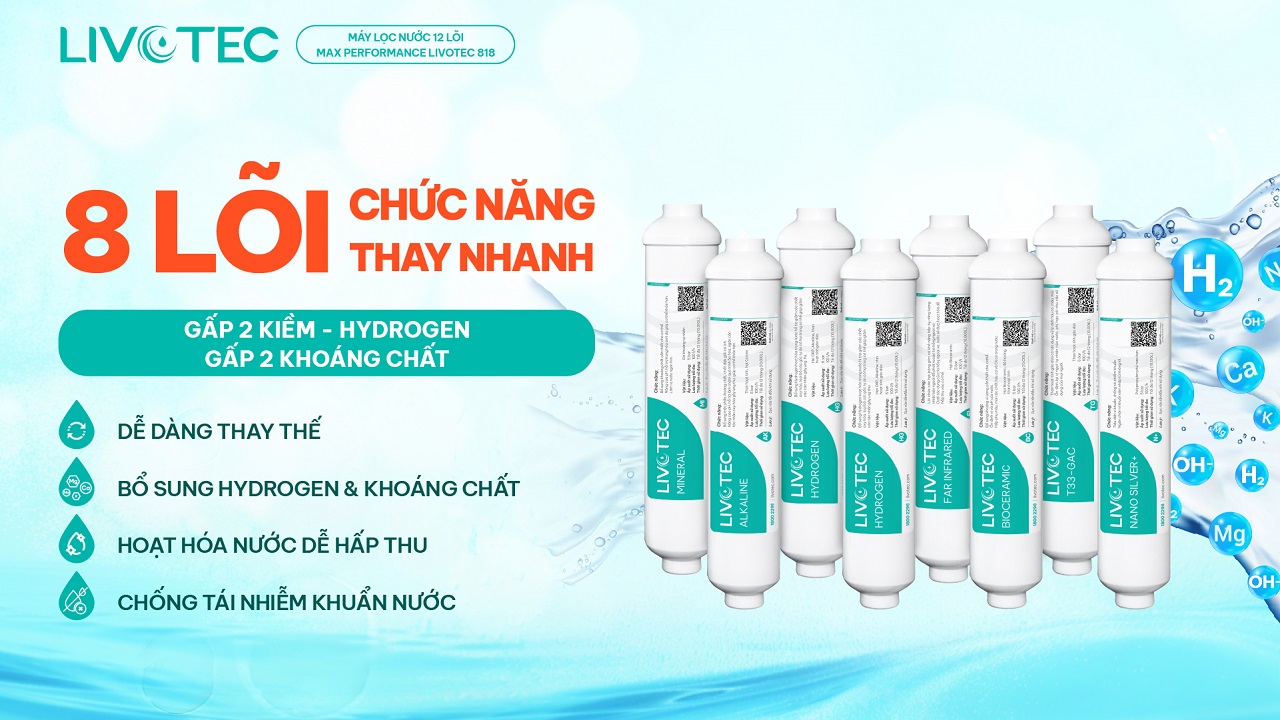 Máy lọc nước Livotec 818 có 8 lõi chức năng bổ sung khoáng và hydrogen