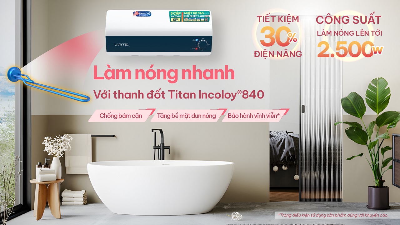 Livotec I30A25 thanh đốt Titan Incoloy 840 tiết kiệm điện