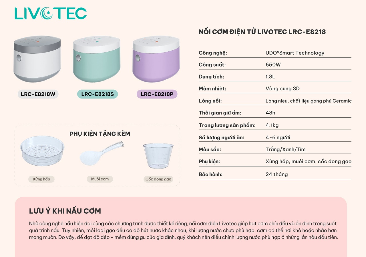 Thông số kỹ thuật nồi cơm điện tử Livotec LRC-E8218