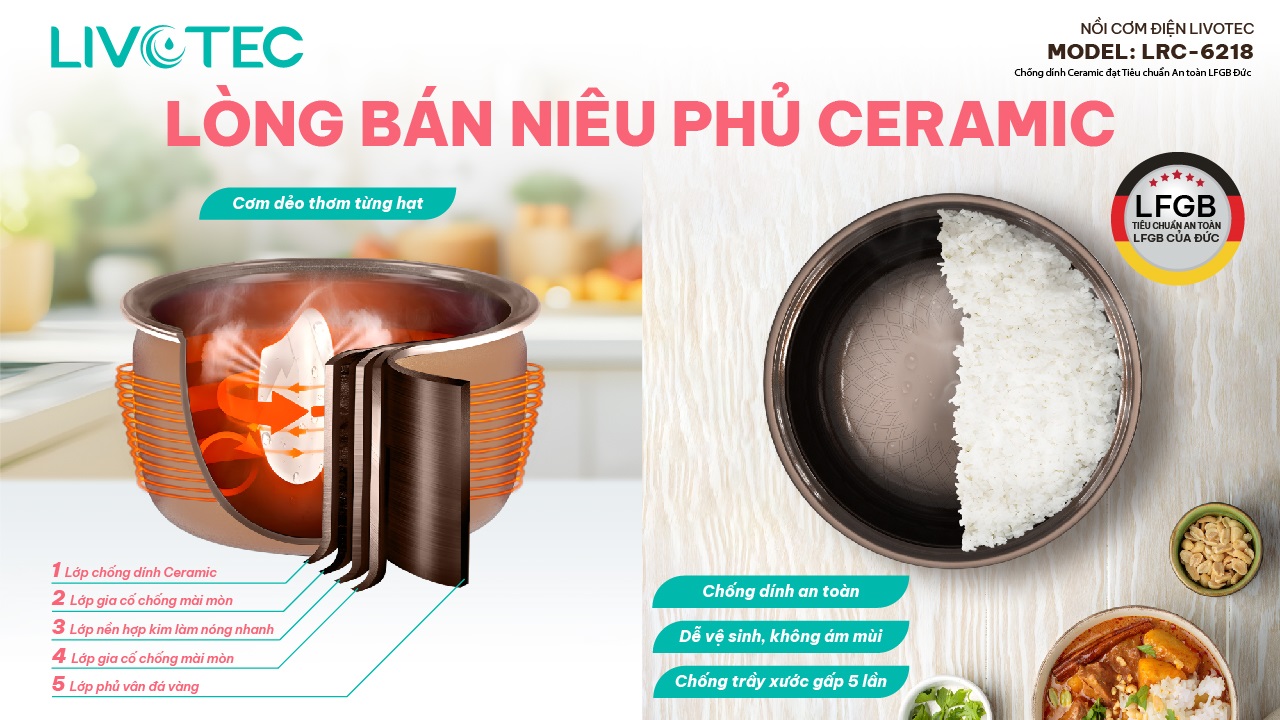 Livotec LRC-6218 sở hữu thiết kế lòng nồi dạng bán niêu
