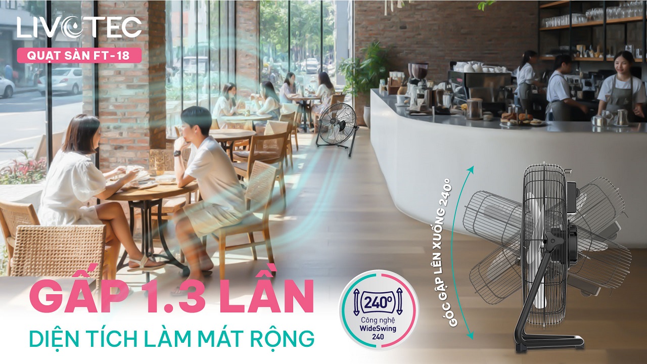 Quạt sàn Livotec FT-18 ứng dụng công nghệ Wideswing 240 làm mát đều