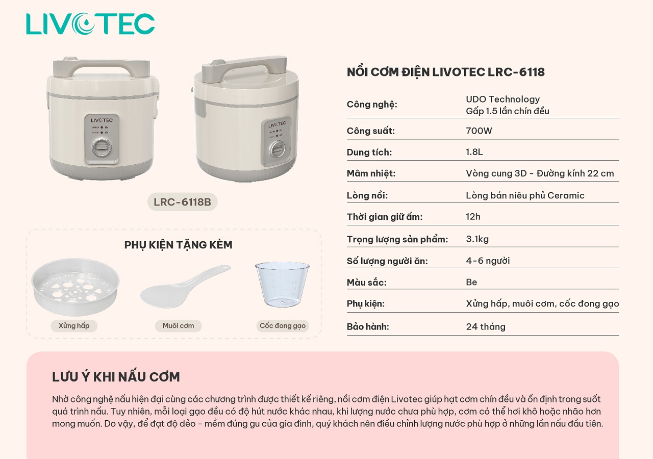 Thông số kỹ thuật nồi cơm Livotec LRC-6118