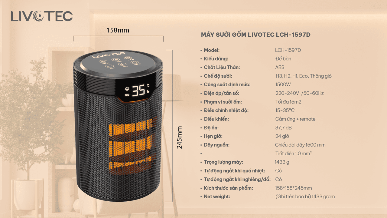 Thông sỗ kỹ thuật máy sưởi gốm Livotec LCH-1597D