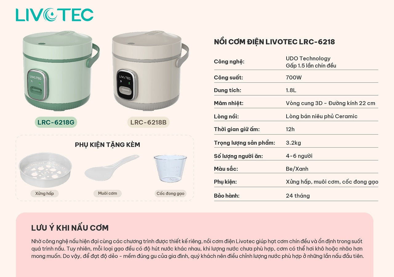 Thông số kỹ thuật nồi cơm điện Livotec LRC-6218