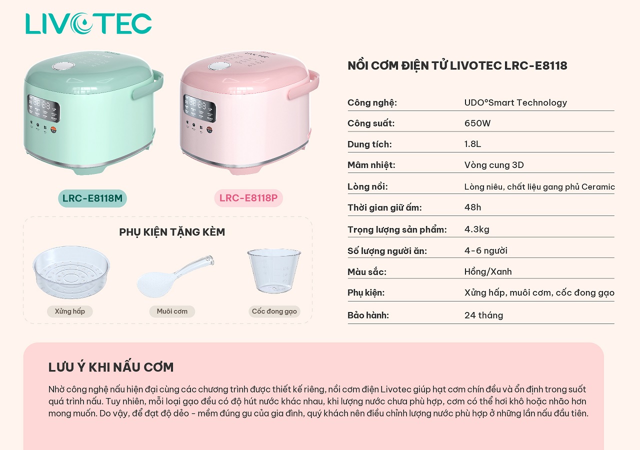 Thông số nồi cơm điện tử Livotec LRC-E8118