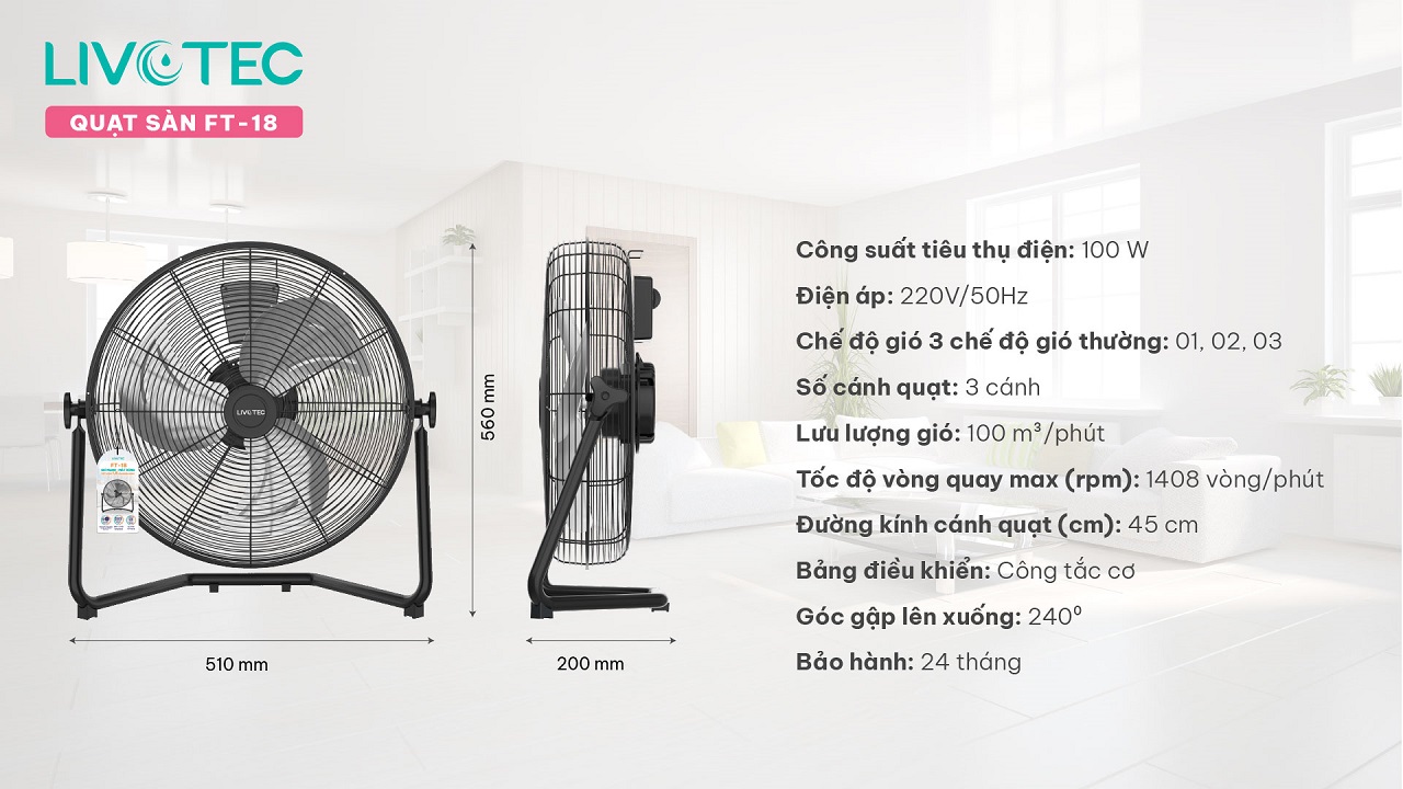 Thông số kỹ thuật quạt sàn Livotec FT-18