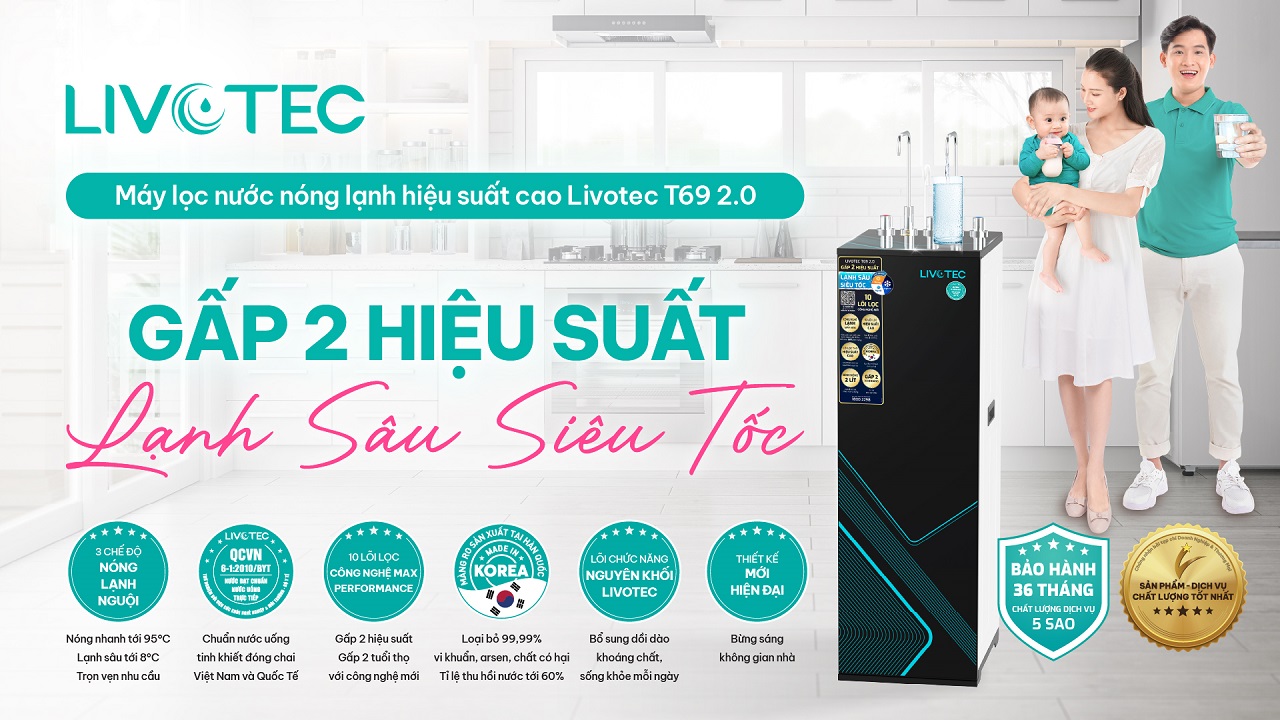 Máy lọc nước nóng lạnh Livotec T69 2.0 có hiệu suất lọc gấp 2 và làm lạnh siêu tốc