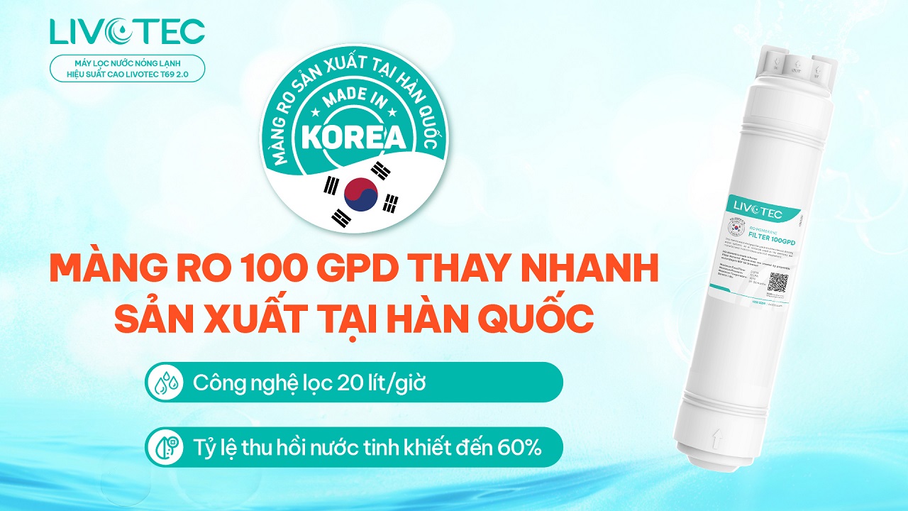 Livotec T69 2.0 trang bị màng RO 100 GPD Hàn Quốc