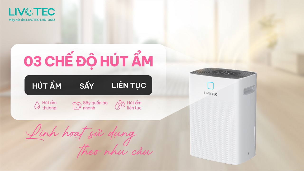 Máy hút ẩm Livotec LHD-36IU ba chế độ hút ẩm tiện lợi