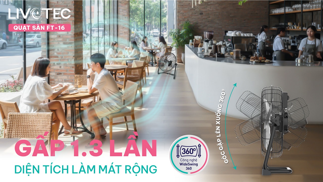 Livotec FT-16 trang bị công nghệ Wideswing 360 mát rộng hơn 1.3 lần