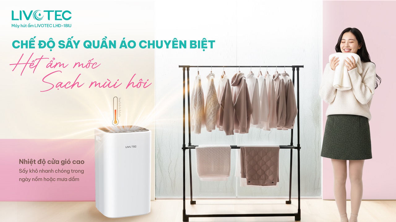 Máy hút ẩm Livotec LHD-18IU sấy quần áo nhanh chóng