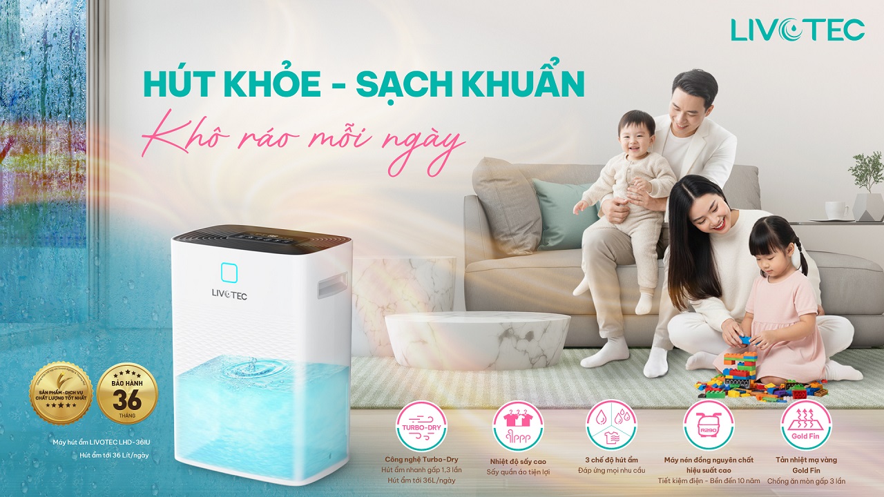 Máy hút ẩm Livotec LHD-36IU hút khỏe sạch khuẩn khô ráo mỗi ngày