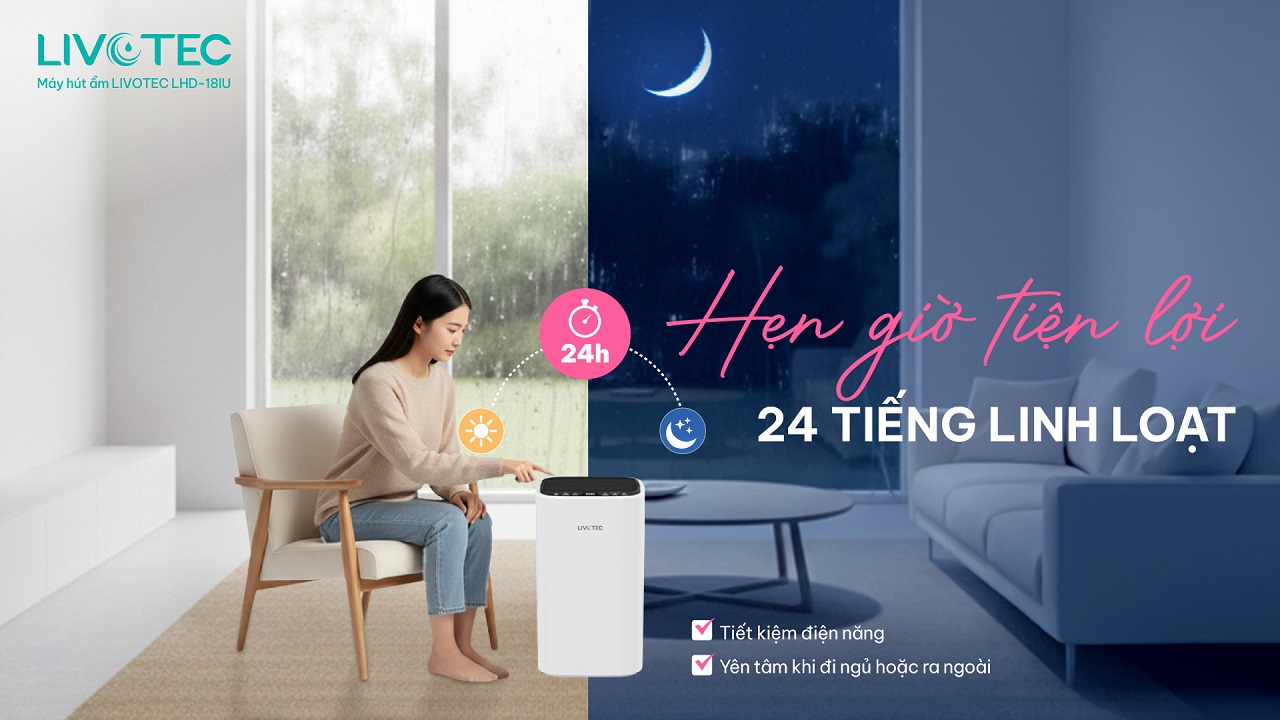 Máy hút ẩm Livotec LHD-18IU hẹn giờ 24 giờ