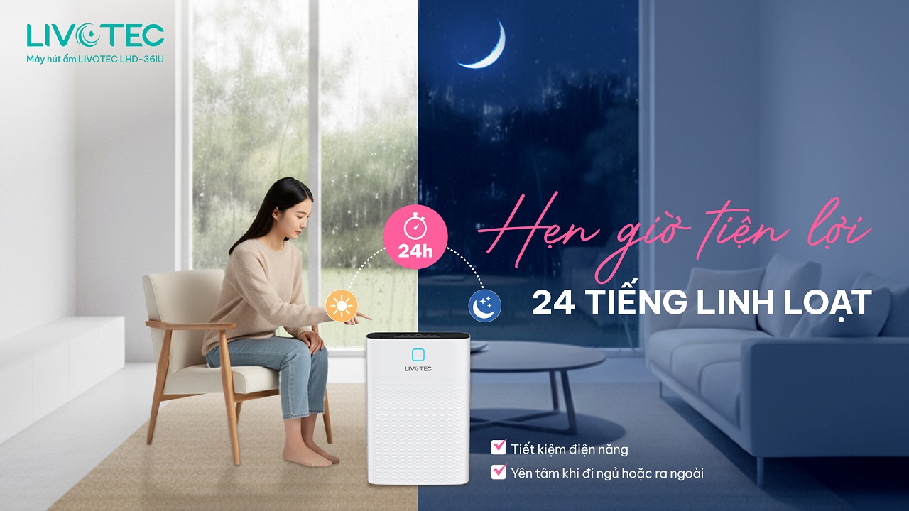 Máy hút ẩm Livotec LHD-36IU hẹn giờ linh hoạt 1-24h