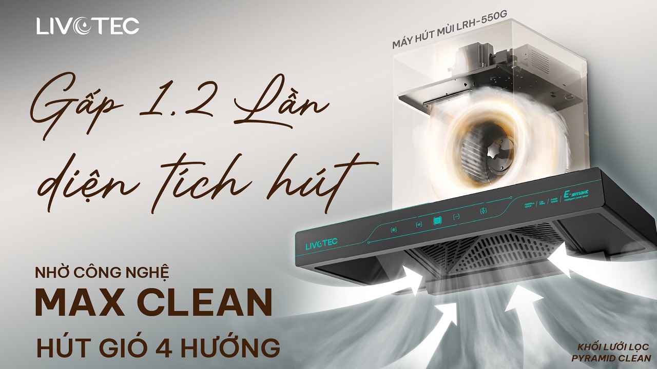 Máy hút mùi LRH-550G MaxClean gấp 1,2 lần diện tích hút ẩm