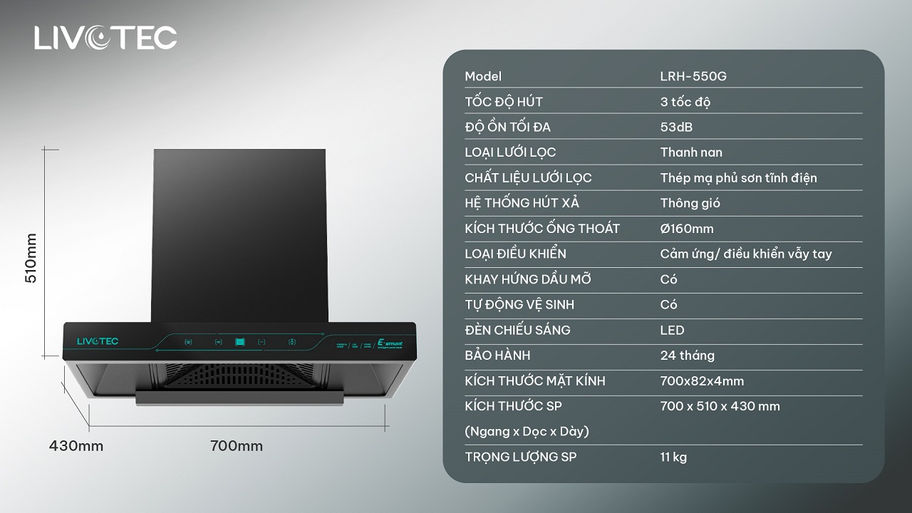 Thông số kỹ thuật máy hút mùi LRH-550
