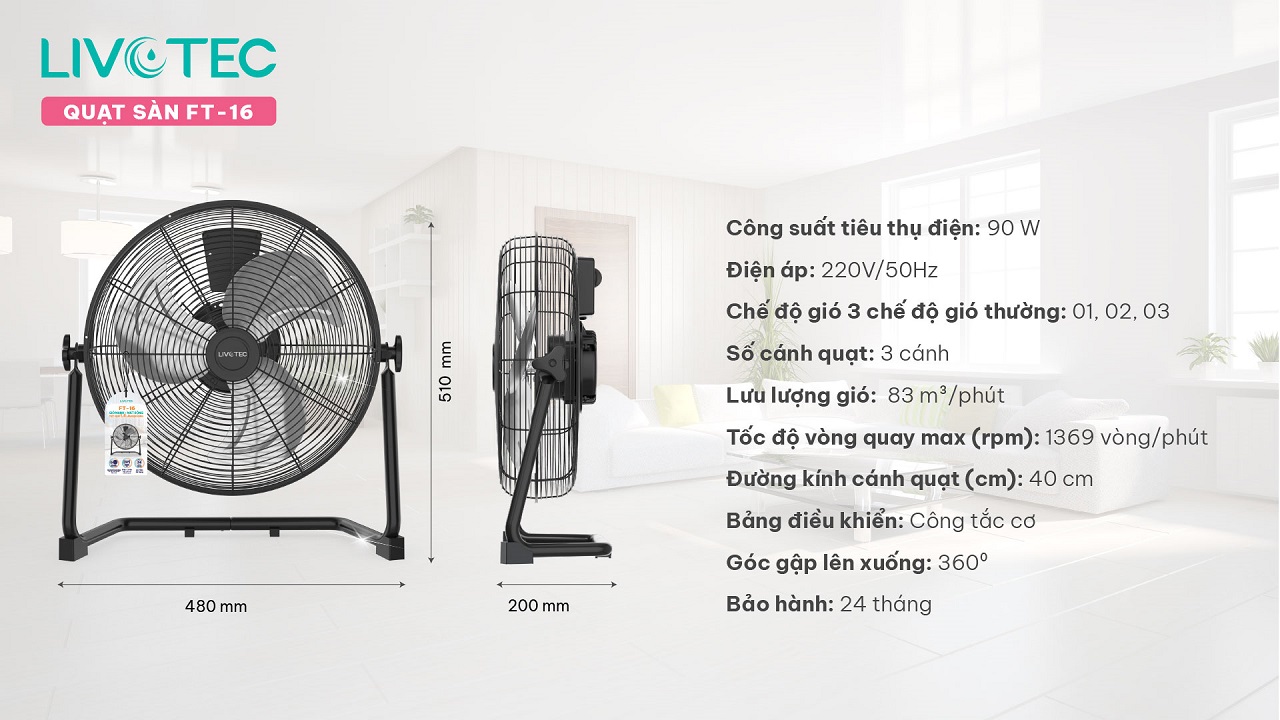 Thông số kỹ thuật quạt sàn Livotec FT-16