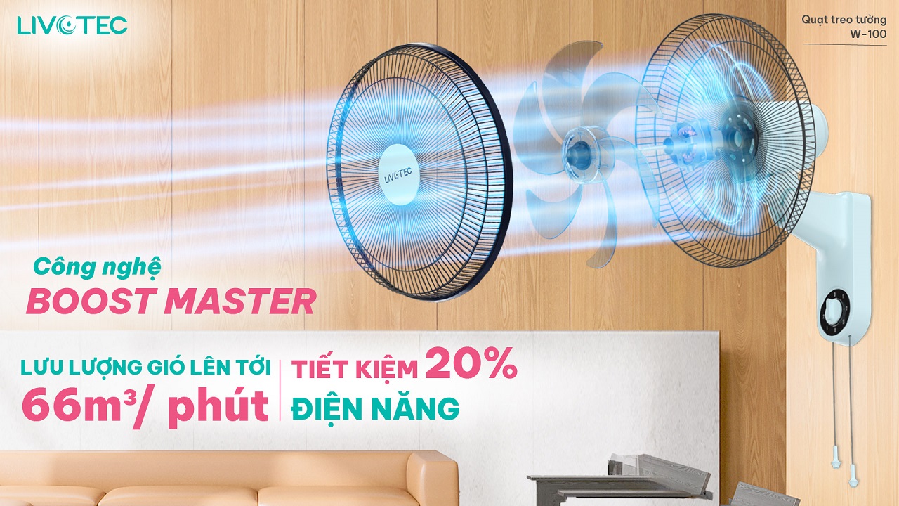 Quạt treo tường Livotec W-100 công nghệ Boost Master lưu lượng gió 66 m3 mỗi phút