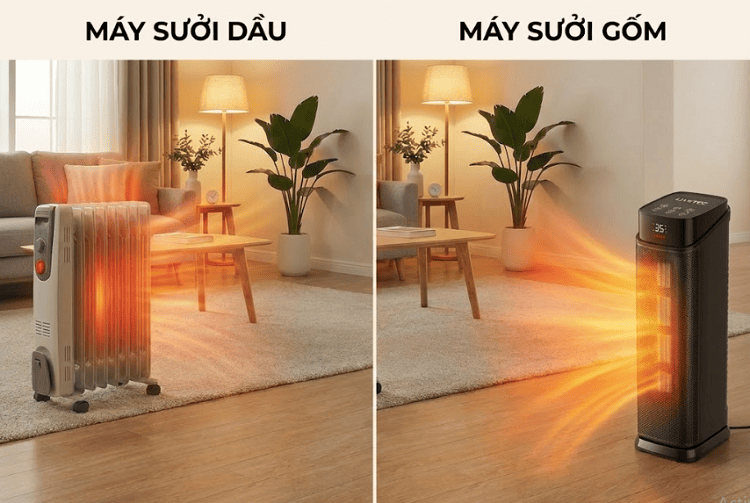 So sánh máy sưởi dầu và gốm