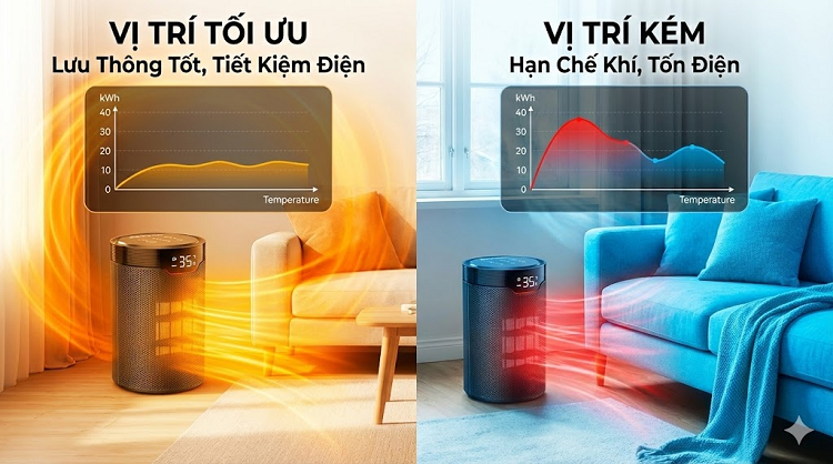 Cách bố trí và lưu thông khí nóng cũng ảnh hưởng đến điện năng tiêu thụ