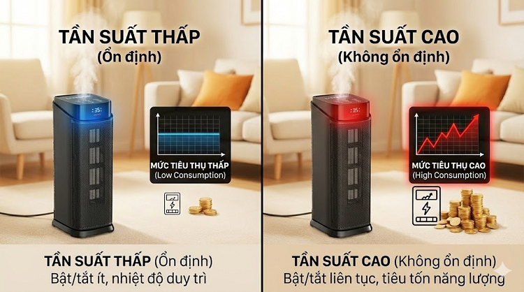 Tần suất bật/tắt máy sưởi ảnh hưởng đến điện năng tiêu thụ
