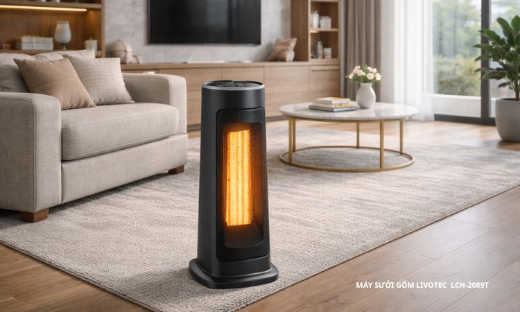 Máy sưởi gốm kiểu dáng hiện đại trong phòng khách