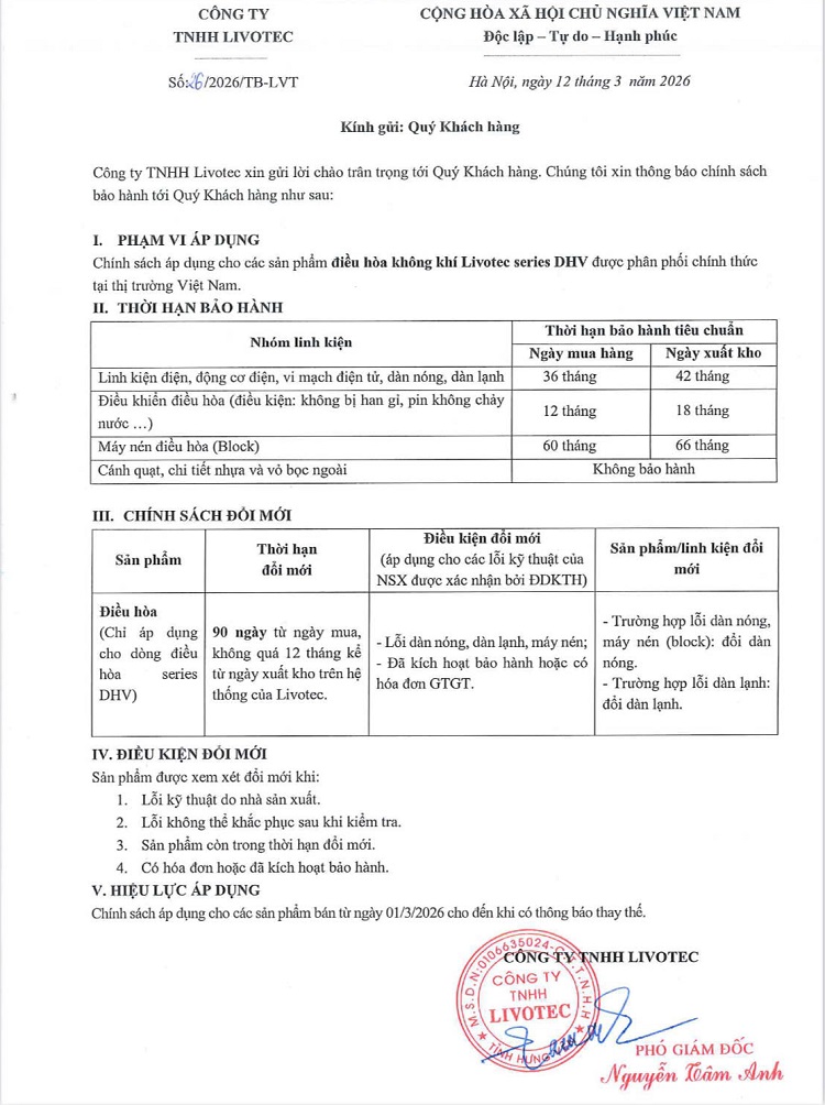 Chính sách đổi mới và thời gian bảo hành điều hòa Livotec