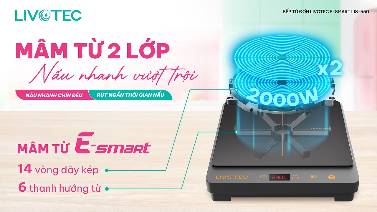 Bếp từ đơn Livotec E-Smart LIS-550 mâm từ 2 lớp nấu siêu nhanh