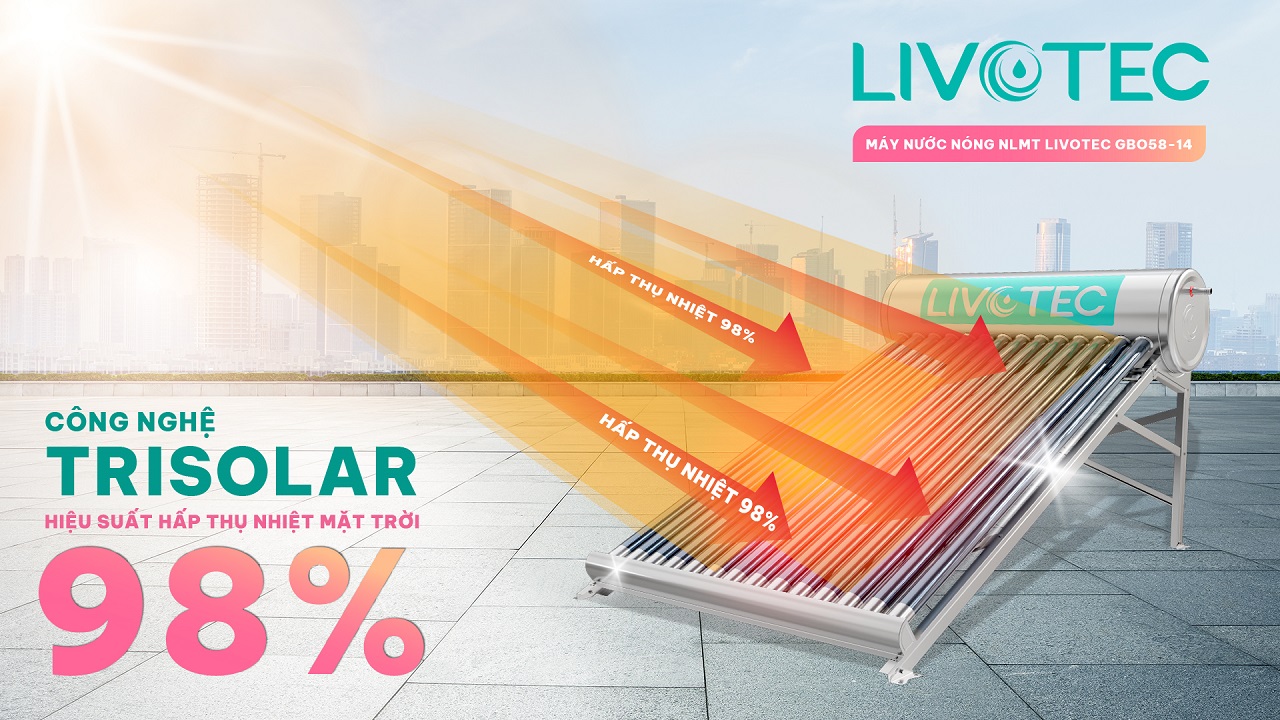 Máy nước nóng Livotec GBO58-14 inox hiệu suất hấp thụ nhiệt 98%