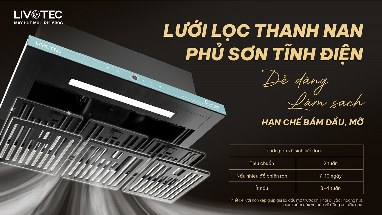 Máy hút mùi Livotec LRH-530G lưới lọc thanh nan dễ vệ sinh