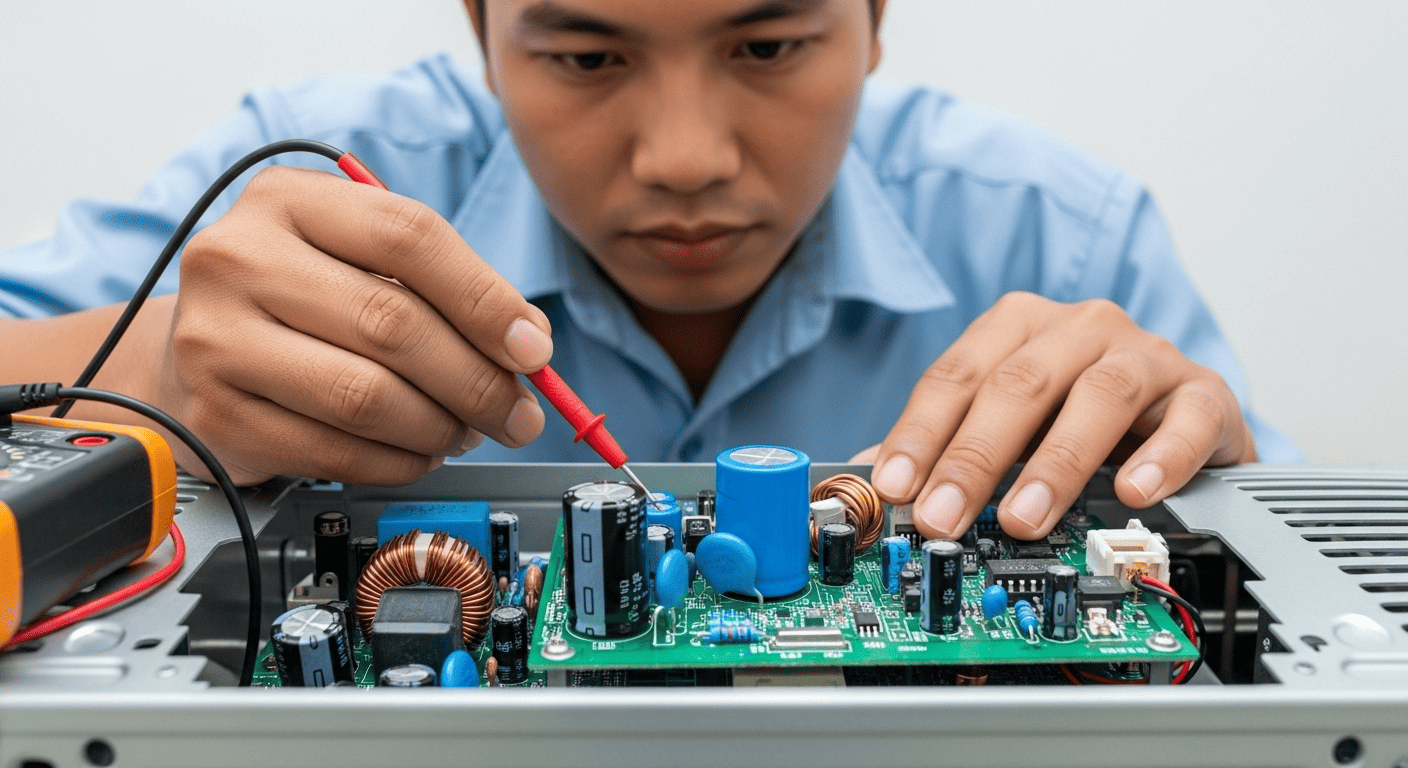 Hình ảnh minh hoạt tụ điện, bảng mạch bị hỏng